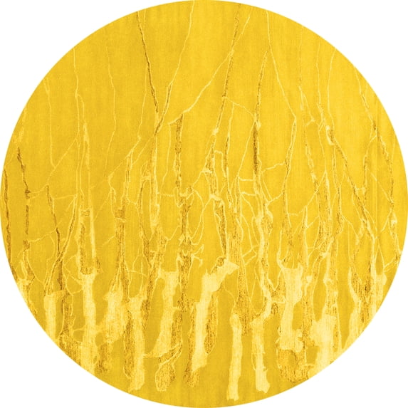 Ahgly Company Machine Washable Indoor Round Abstract Yellow Contemporary Area Rugs, 3' Round