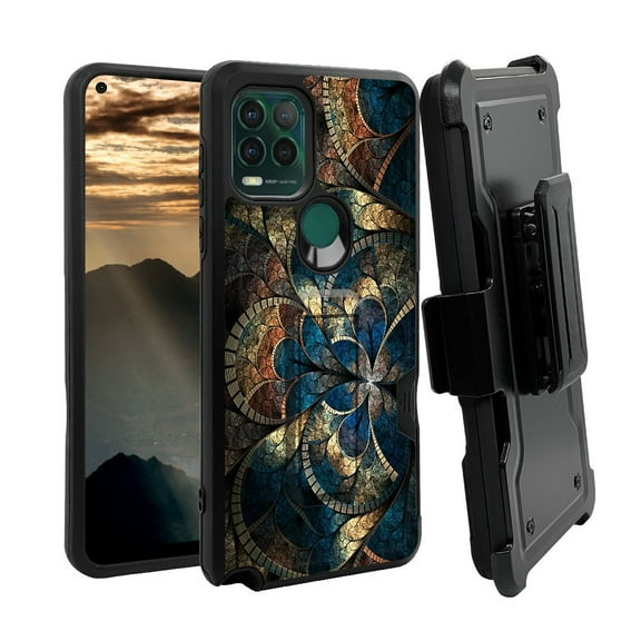 ANJ  Rugged Shockproof Holster Case w/Card Slot, Kickstand   Tempered Glass for Motorola Moto G Stylus 5G - Abstract Tiles