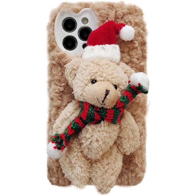 Funda para iPhone 12 Pro Max con muñeco de Dibujos Animados, Funda Suave y Esponjosa de Piel de Felpa Linda en 3D Compatible con la Funda para iPhone (iPhone 12 Pro Max, Oso de Navidad Bro