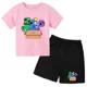 thumbnail image 4 of Conjunto de camiseta y pantalones cortos de cuello redondo de manga corta para niños y niñas de 3 a 12 años, ropa de verano con estampado de amigos arcoíris de algodón, 4 of 5