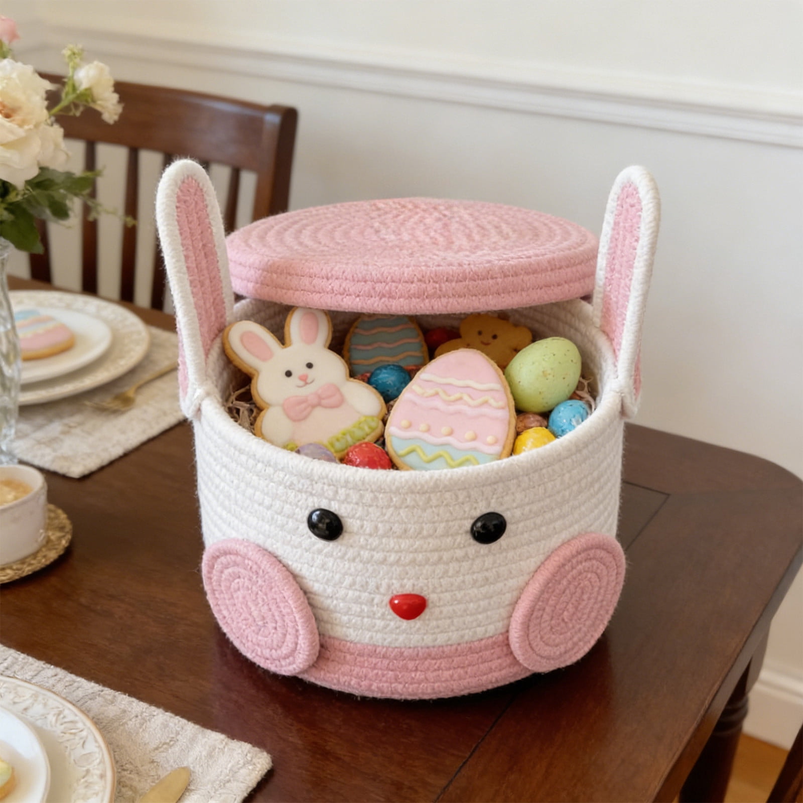 Rabbit Shaped Cotton Rope Storage Basket with Lid Handwoven Polyester Easter Basket for Candy Toys Home Decor, 9.84x8.27 Inch
