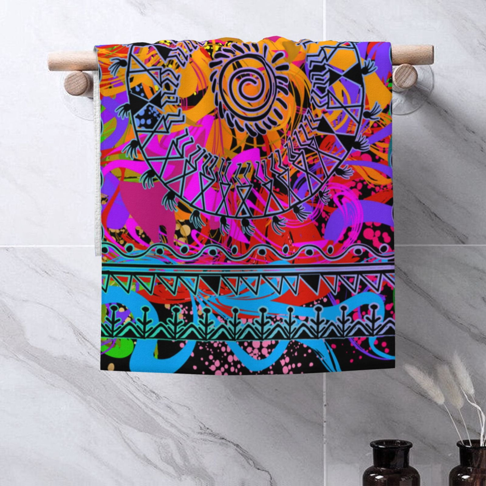 Indian Tribal Art Colorful 27.5" x 16" Ultra Soft Hand Towel, Face Wash Cloth for Bathroom, Gym, Travel, Pool