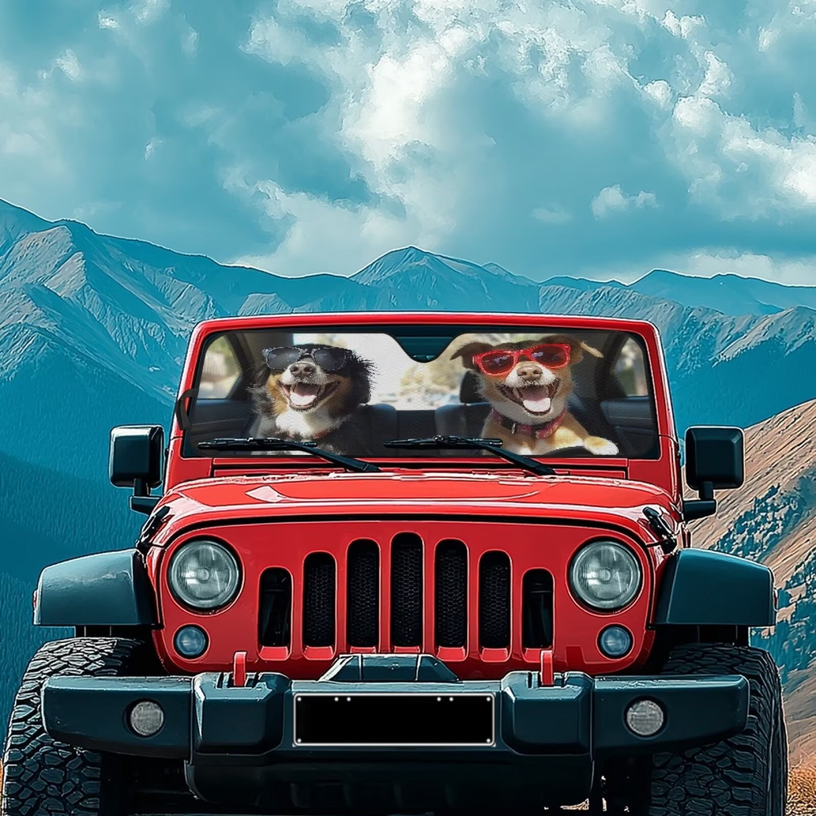 XYZCANDO Dogs Windshield Sun Shade Compatible with Jeep JK JKU JL JLU 1997-2023 Polyester Fully Covered Foldable Front Sunshade Keep Your Vehicle Cool Shade Heat Shield