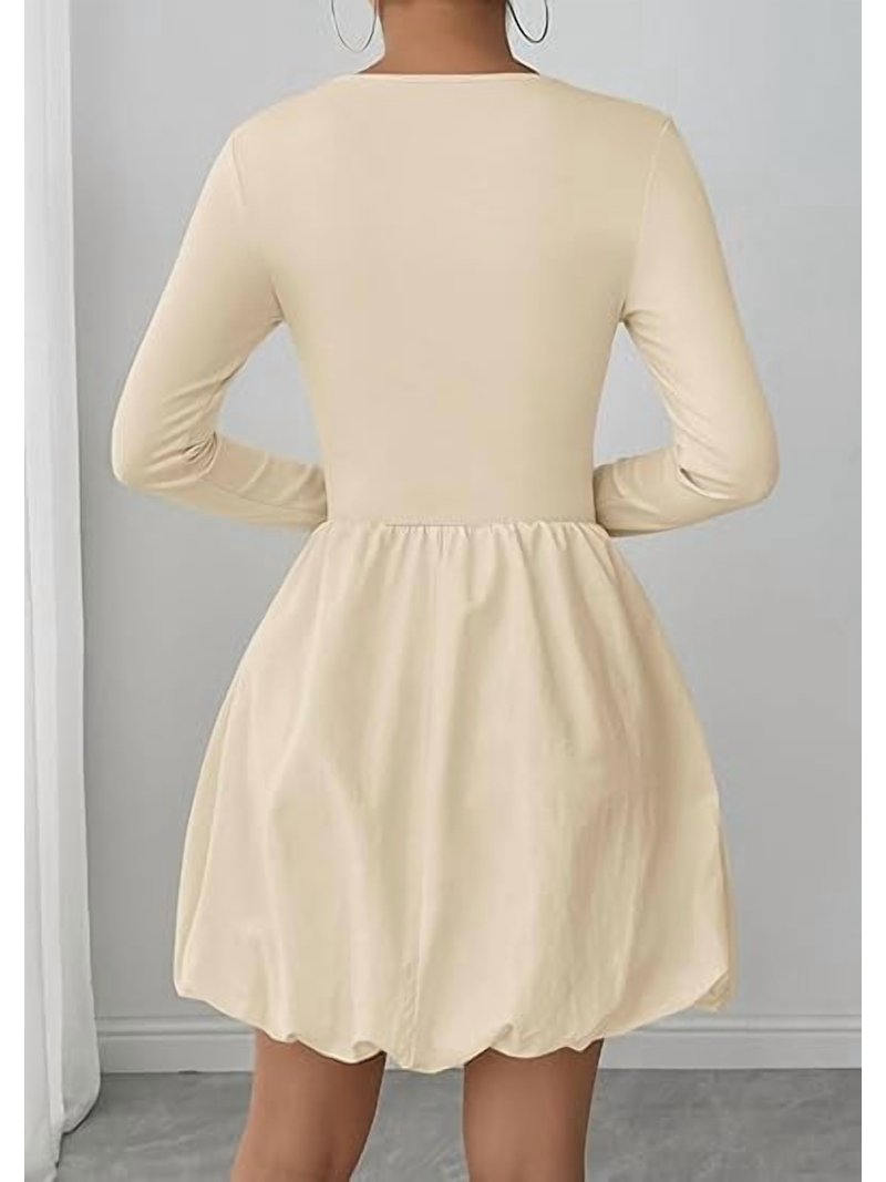 Prettygarden Fall Dresses for Women Casual Long Sleeve Bubble Cute Crew Neck A Line Mini Short Dress with Pockets, Women's, Size: XL, Beige