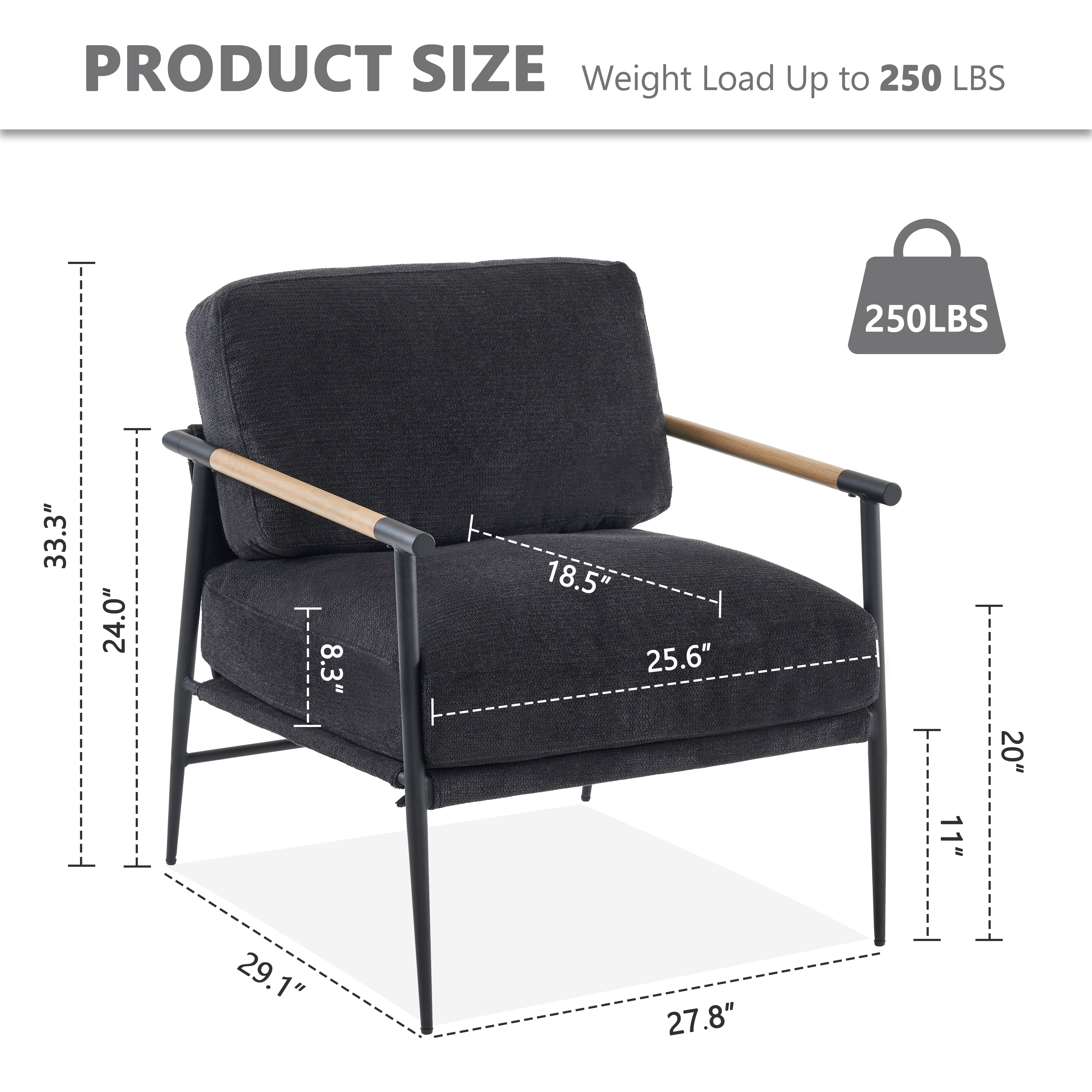 Othniel Black Accent Chair Armchair Chenille Mid Century Modern Accent Chair Metal Leg Comfy Cushion for Living Room