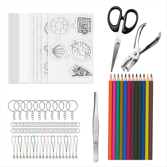 165 PCS Shrink Plastic Kit - 15 Shrink Plastic Films, 5 Patterned Sheets, 12 Colored Pencils, 130 Keychain Accessories,1 * Shrink Plastic Kit,Translucent