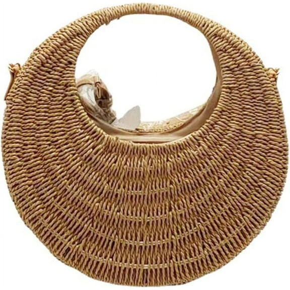 Kukuzhu Straw Tote Bag Summer Beach Bag for Women Handmade Round Straw Rattan Woven Handbag for Travel