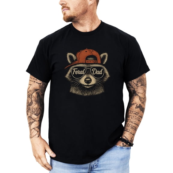 Feral Dad Shirt for Men Funny Raccoon Graphic Tee for Father Black Shirt Adult Medium