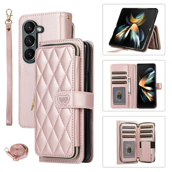 Crossbody Strap & Lanyard for Samsung Galaxy Z Fold 5 5G Case Wallet, with 10-Card Holder & 1 Bills Slot Soft PU Leather Magnetic Flip Folio Heavy Duty Protection Case for Galaxy Z Fold 5, Rosegold