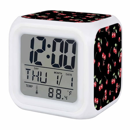 Cherry Rustic Digital Alarm Clock for Bedrooms, Smart LED Alarm Clock with 7 Color Changing Night Light, Spring Summer Tropic Fruit Black Silent Wake Up Clocks for Sleep Study Cooking 3.2x3.2