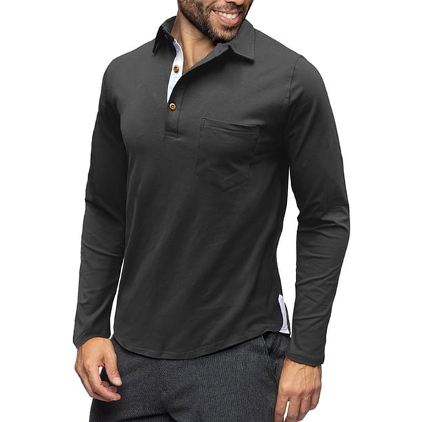 pstuiky Camisas suaves de manga larga para hombre, Camiseta informal de manga larga para hombre, color liso, con solapa, estilo retro. salir tops xxl