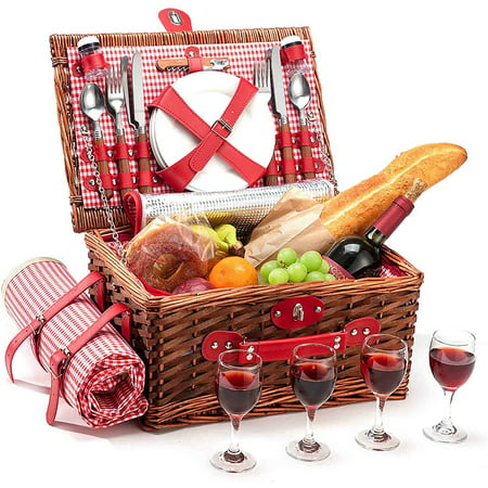 

Wicker Picnic Basket Set For 4 Persons With Large Insulated Cooler Bag And Waterproof Picnic Blanket Willow Picnic Hamper For Family Outdoor Camping Party(Red)
