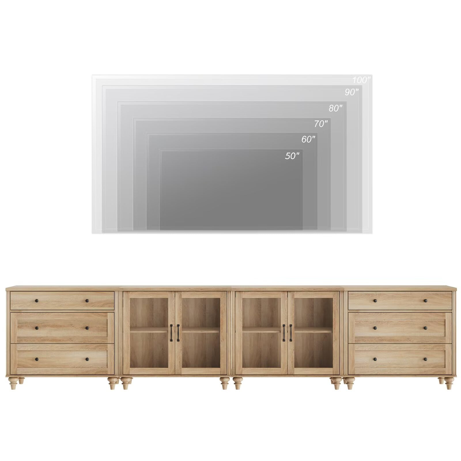 TV Stand for TVs up to 105 Inches, Wooden TV Console Table for 65-90 Inch TVs, Entertainment Center with Glass Door & Drawer, Oak Kitchen Sideboard Buffet Cabinet for Dining Room