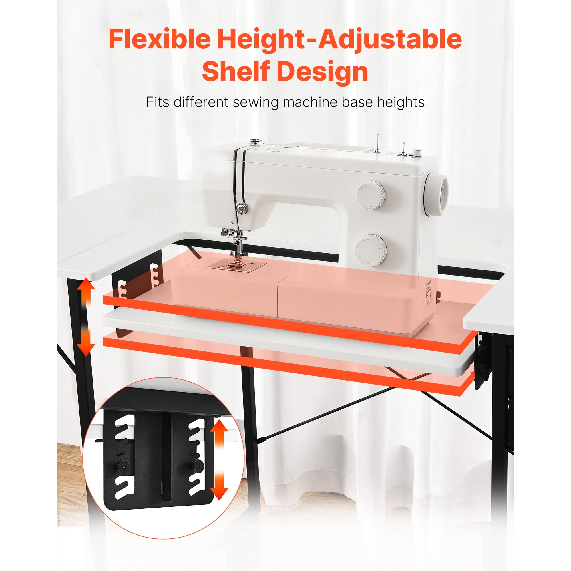 KFFKFF Multipurpose Sewing Table with Foldable Side Shelf, Adjustable Shelf, Sturdy Steel Legs, Ideal for Sewing, Crafting, Studying, and More, White