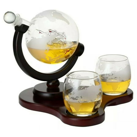 Verolux Whiskey Globe Decanter Set with 2 Etched Globe Glasses in Gift Box - Home Bar Accessories for Men and Women - Perfect Gift for Valentine's day, Wedding, Birthday, Father's day, Christmas