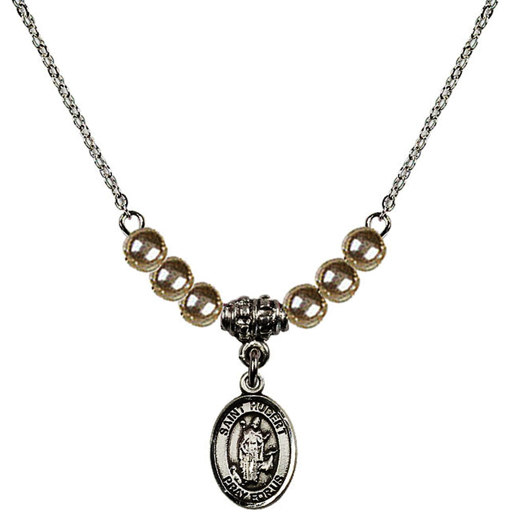 18-Inch Rhodium Plated Necklace with 4mm Faux-Pearl Beads and Sterling Silver Saint Hubert of Liege Charm.