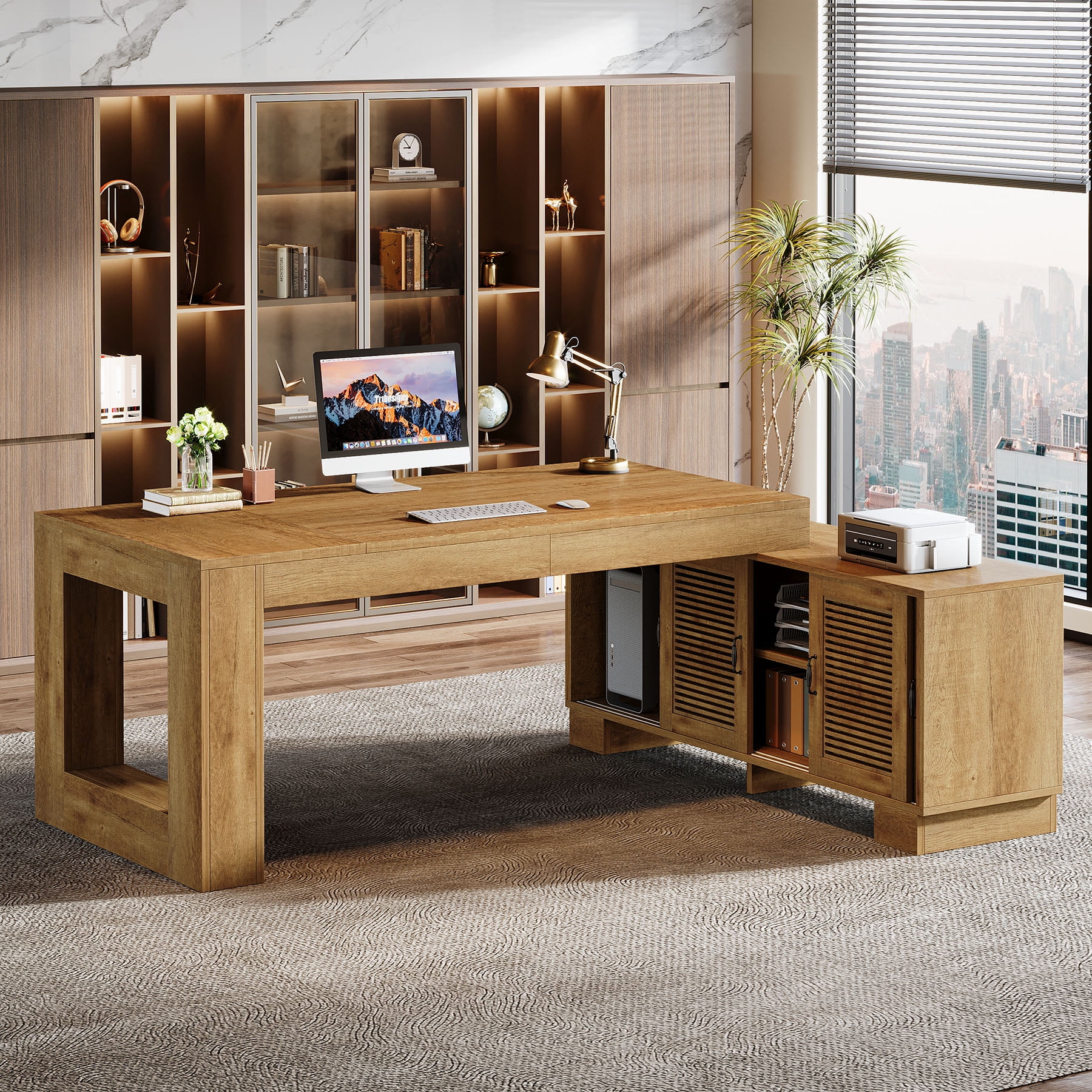 Tribesigns 63" L-Shaped Computer Desk with Storage Cabinets and 2-Tier Shelf, Mid-Century Modern Large Executive Table Workstation for Home Office, Brown