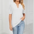 thumbnail image 4 of Womens Shirts Blouse Women's Fashion V-neck Solid Colour T-shirt Hollow Bubble Sleeve Loose Top, 4 of 6