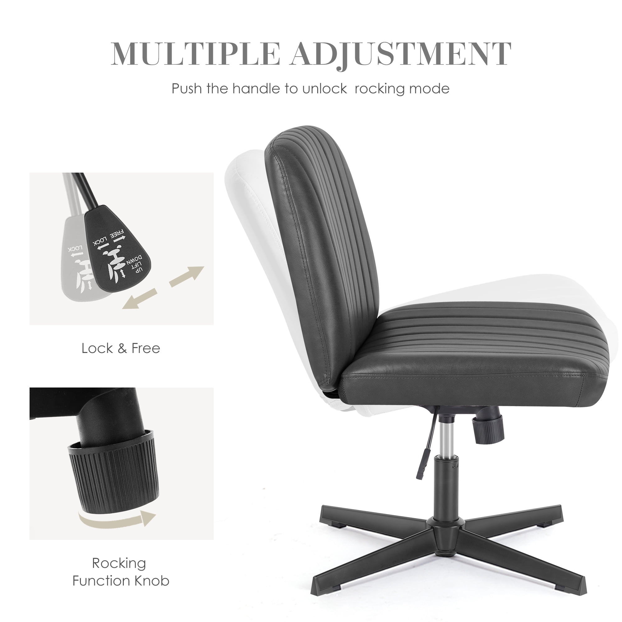 EDX Armless PU Leather Office Chairs no wheels, Adjustable Swivel Cross Criss Vanity Chairs, Black