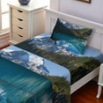 thumbnail image 2 of Ambesonne Winter Fitted & Top Sheet Set with Sham, Snowy Frozen Mountain, Blue White Green, 2 of 5