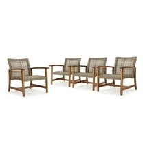 Savannah Outdoor Wood and Wicker Club Chairs, Set of 4, Natural Stained and Gray