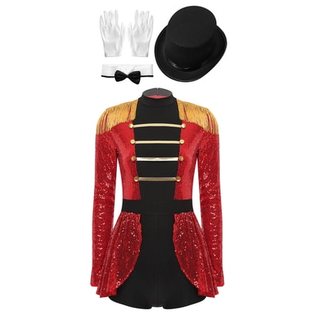 TiaoBug Womens Circus Ringmaster Costume Sequins Jumpsuit with Hat Bow Fake Collar and Gloves Outfits Red M