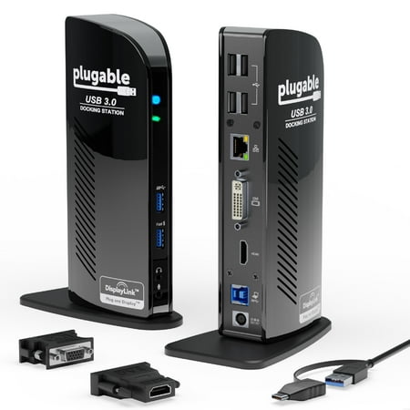 UPC: 0649241924616 | Plugable USB 3.0 Universal Laptop Docking Station Dual Monitor for Windows and Mac  USB 3.0 or USB-C  (Dual Video: HDMI and HDMI/DVI/VGA  Gigabit Ethernet  Audio  6 USB Ports)