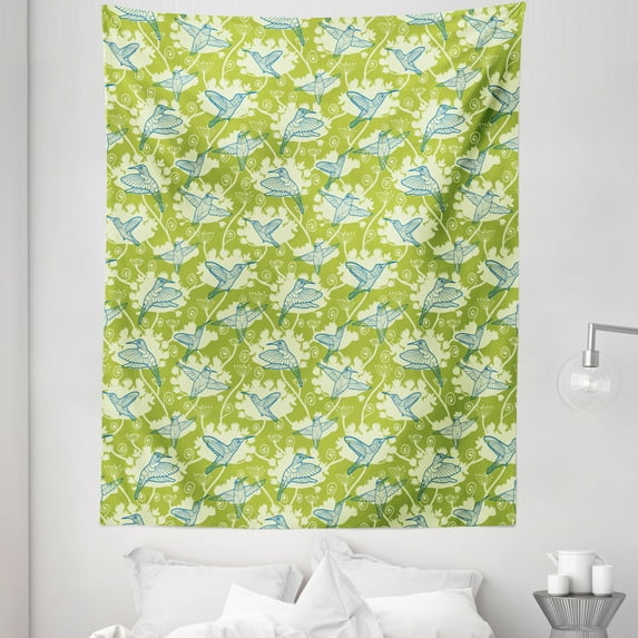 Hummingbirds Tapestry, Birds Pattern on Floral Background Springtime Garden Wings, Fabric Wall Hanging Decor for Bedroom Living Room Dorm, 5 Sizes, Lime Green Blue Cream, by Ambesonne