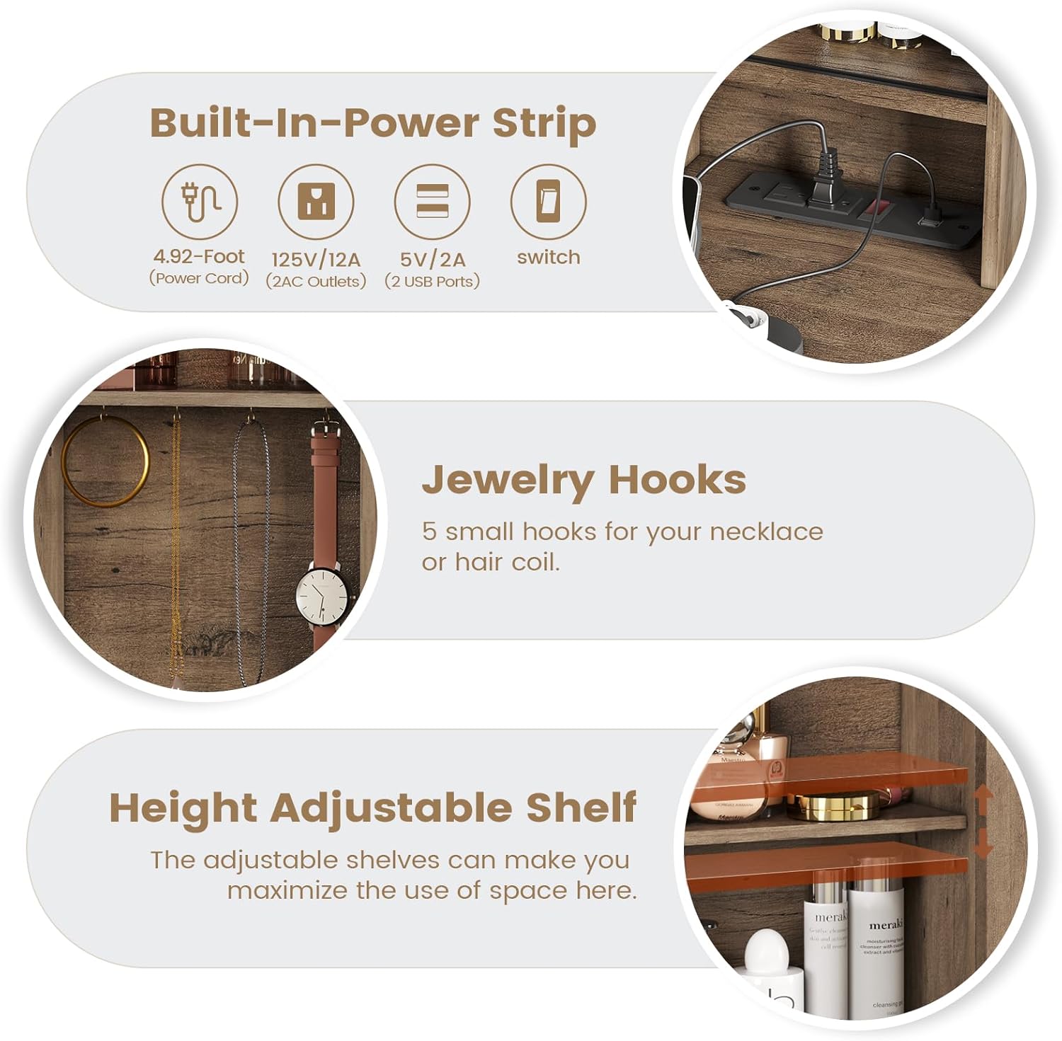 AOGLLATI Farmhouse Brown Vanity Table Set with Lights, Mirror, Charging Station and Jewelry Hooks