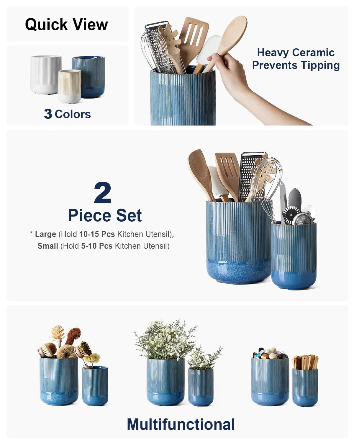 LE TAUCI Utensil Holder, 7.3"+5.4" Ceramic Utensil Crock, Plant Pots & Home Accessories, Pack of 2, Glaze Blue Serving Storage