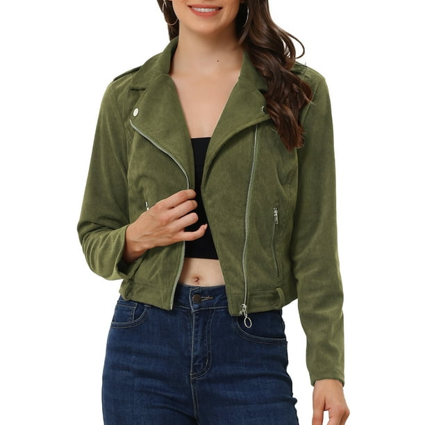 Chaquetas de Pana para Mujer Chaqueta de Motocicleta con Cremallera y Solapa con Muescas ejercito verde XL