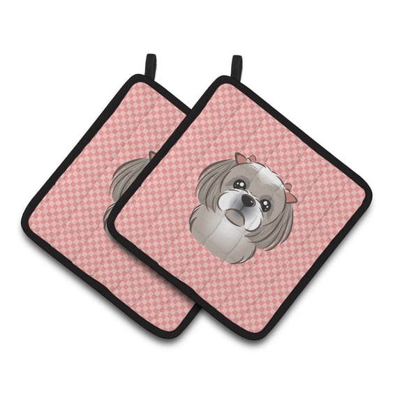Checkerboard Pink Gray Silver Shih Tzu Pair of Pot Holders