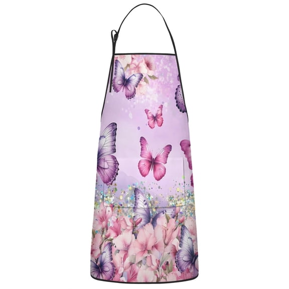 Pink Butterfly Flower Pattern Apron-Garden Aprons for Women with Pockets-Cotton Linen Waterproof Kitchen Cooking Gardening Aprons Adjustable for Kitchen,Cooking,BBQ and Salon 33x27 Inch