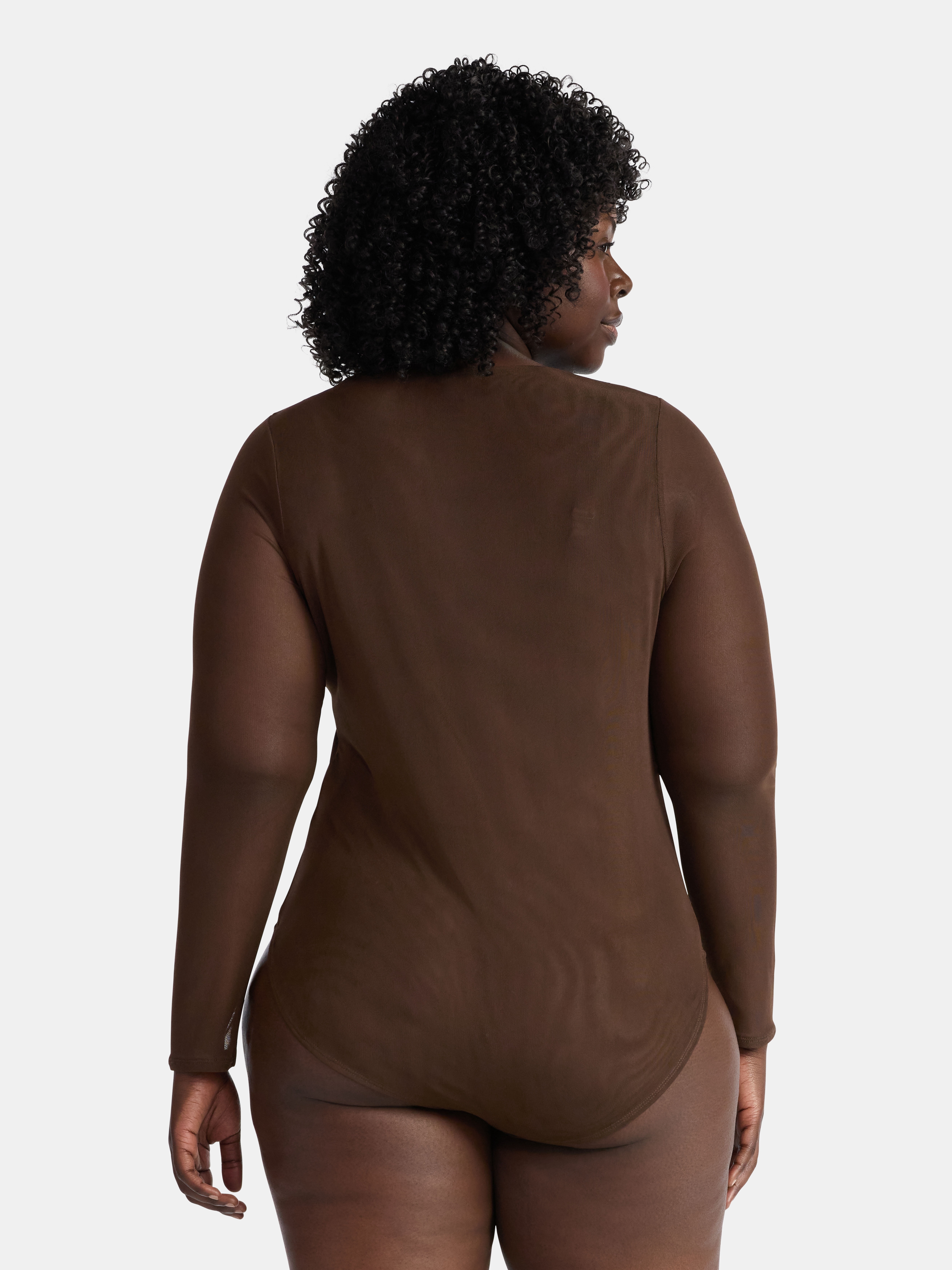 Terra & Sky Women's Plus V Neck Mesh Bodysuit with Long Sleeves, Sizes 0X-5X