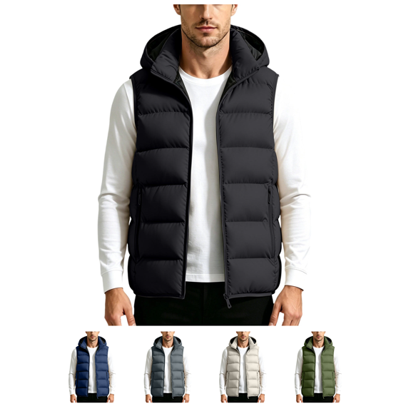 Atkumj Plus Size Mens Puffer Vest Casual Comfortable Hooded Full Zip Down Vest Fashion Warm Sleeveless Solid Color Puffy Vest with Side Pockets