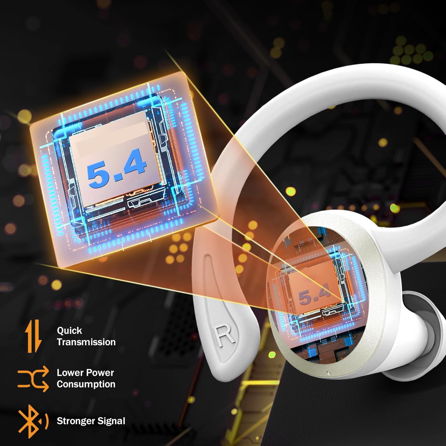 Wireless Earbuds Hi-Fi Bass Stereo 56H Noise Cancelling IPX7 Waterproof Sport Earphones with Earhook-White