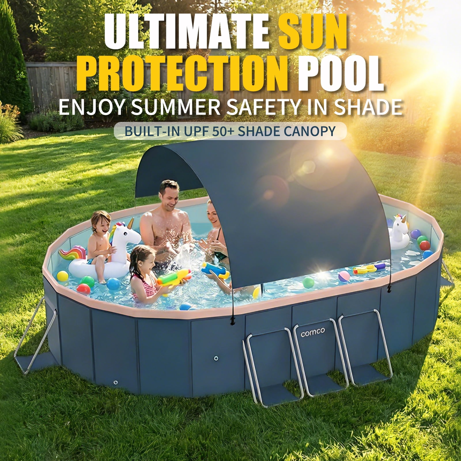Liyufly Foldable Above Ground Swimming Pool, Metal Steel Frame Kiddie Pools with Canopy Sunshade for Backyard, Garden, Lawn for Adults, 105in