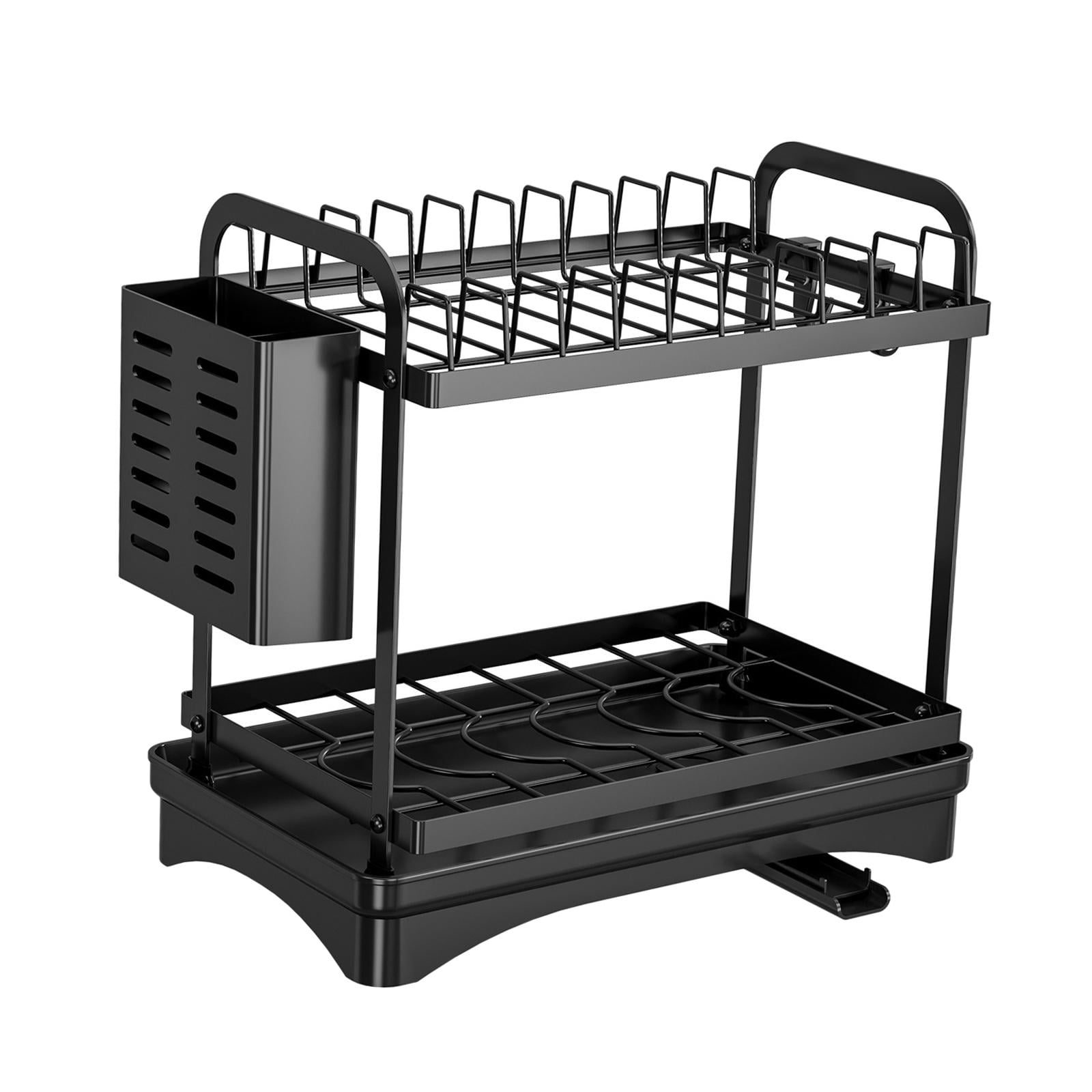 Fiocias 2 Layer Kitchen Dish Drying Rack Space Saving Carbon Steel Drainer with Tray for Black