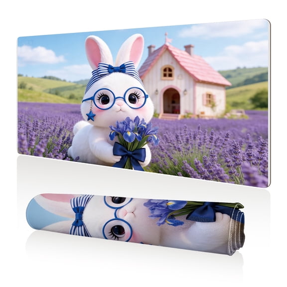 LIVEKEY Mouse Pad 80x40cm Extra Large Non Slip Stitched Durable Easy Clean Cute Bunny Lavender Field Pink House for Gaming Office