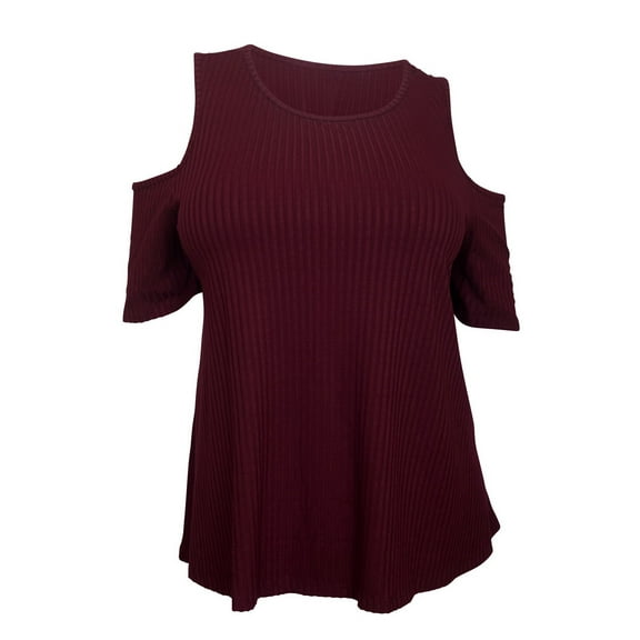 eVogues Plus Size Round Neck Ribbed Off Shoulder Top Burgundy
