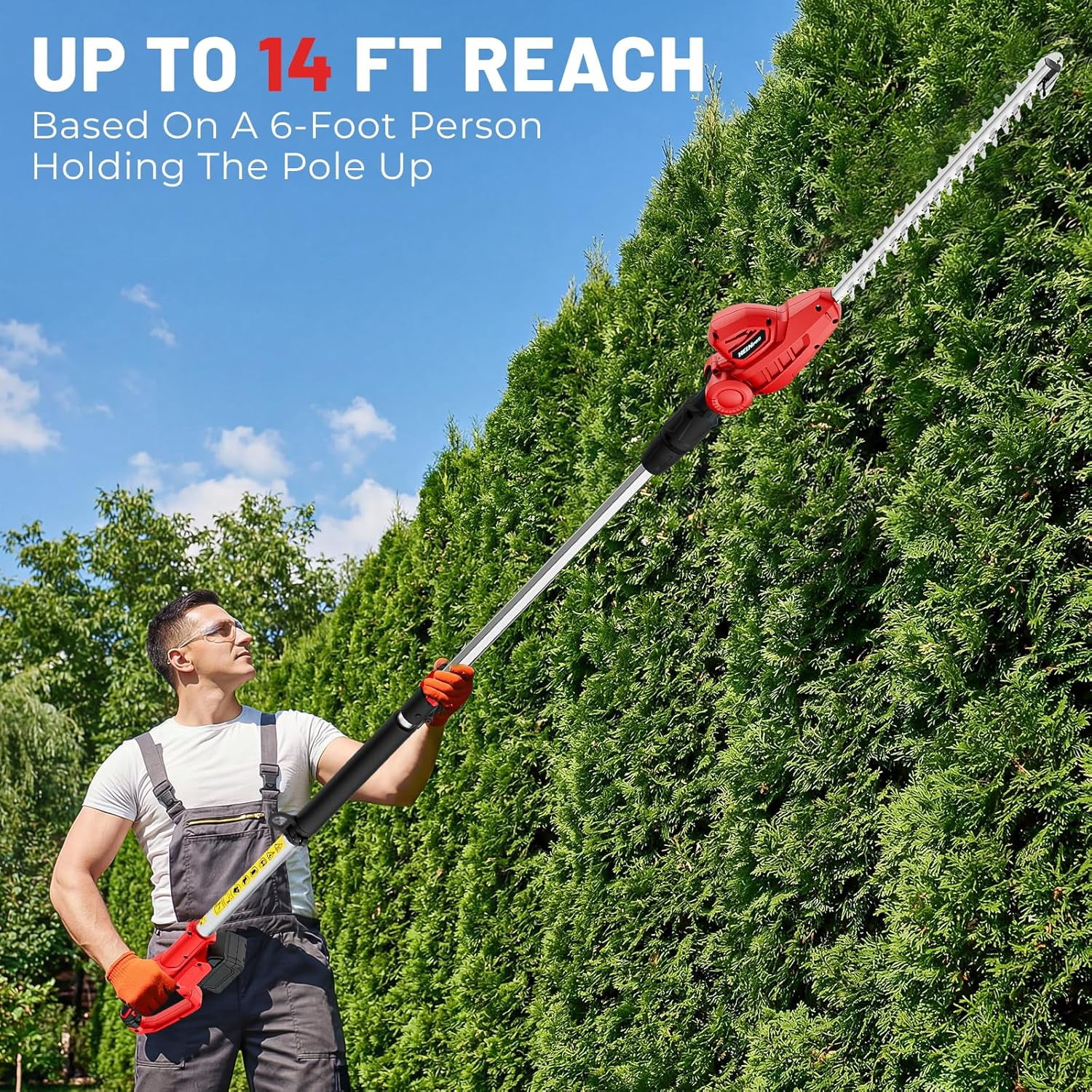 Cordless Pole Hedge Trimmer Compatible with Milwaukee M18 Battery 18-in, 14-ft Max Reach, 150° Adjustable Head (Battery Not Included), Shoulder Strap, 18-in Blade for High Hedges & Bushes