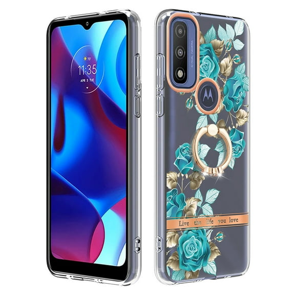 Allytech for Moto G Pure/ Moto G Power 2022 Case with Ring Holder Stand,Slim Shell Floral Series Bumper Anti-Scratch Shockproof Lightweight Phone Case Cover for Motorola Moto G Power 2022,Green Flower