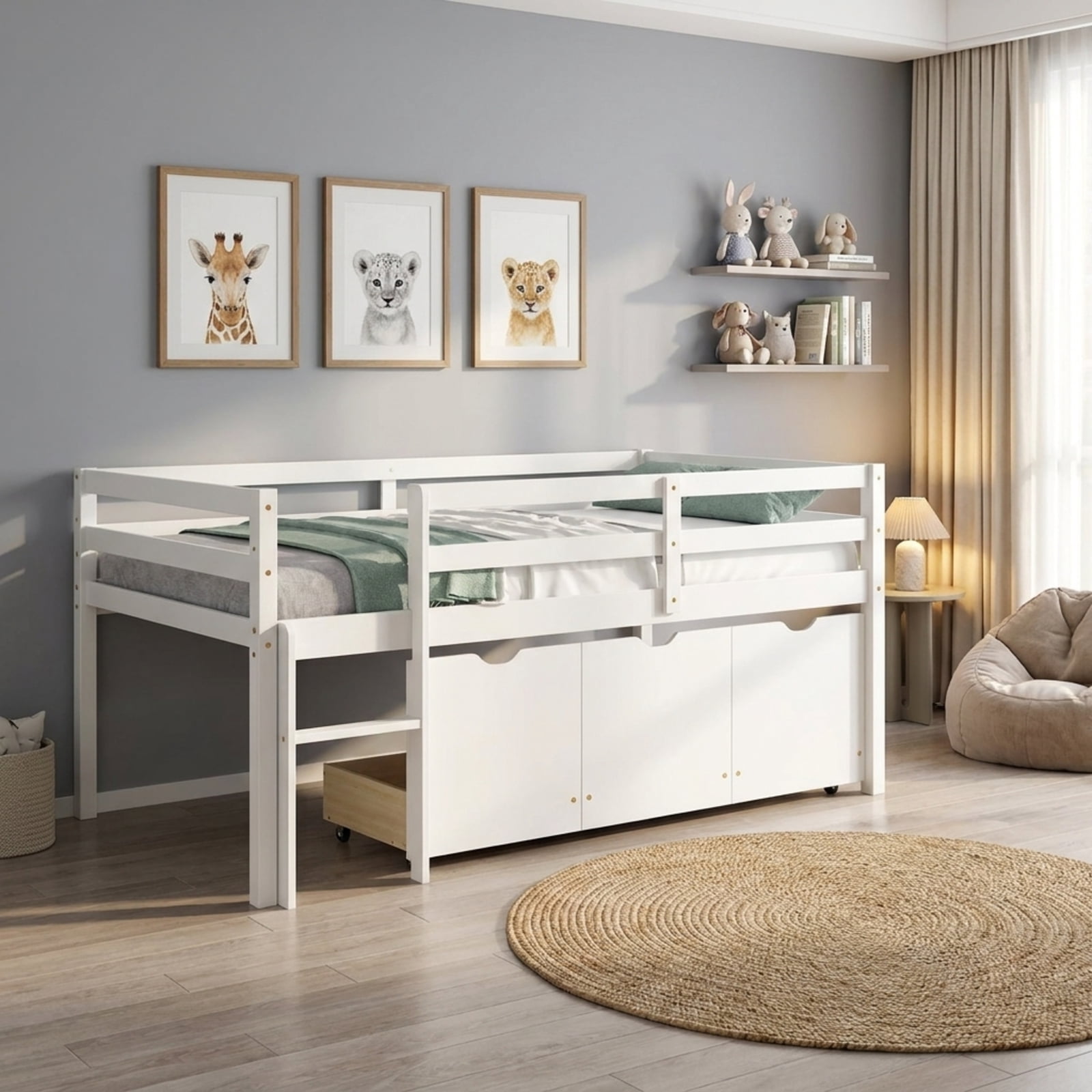 Furnibear Twin Size Low Loft Bed with 3 Drawers with Ladder and Full-length Guardrails for Bedroom, White