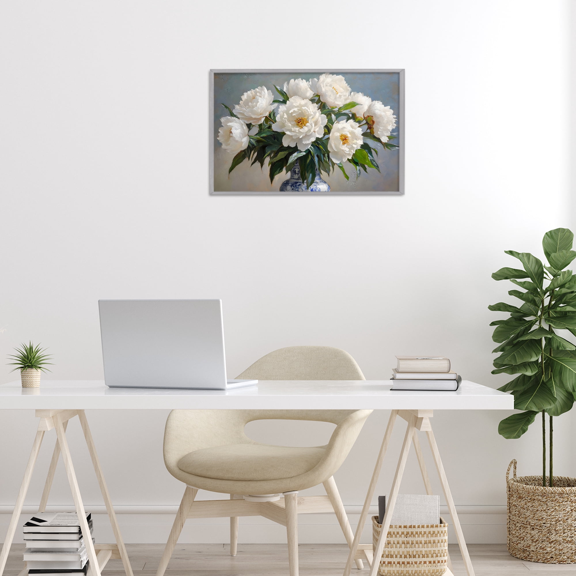 Stupell Industries In Full Bloom White Peonies Gray Framed Giclee Art, design by Petal Prints Design