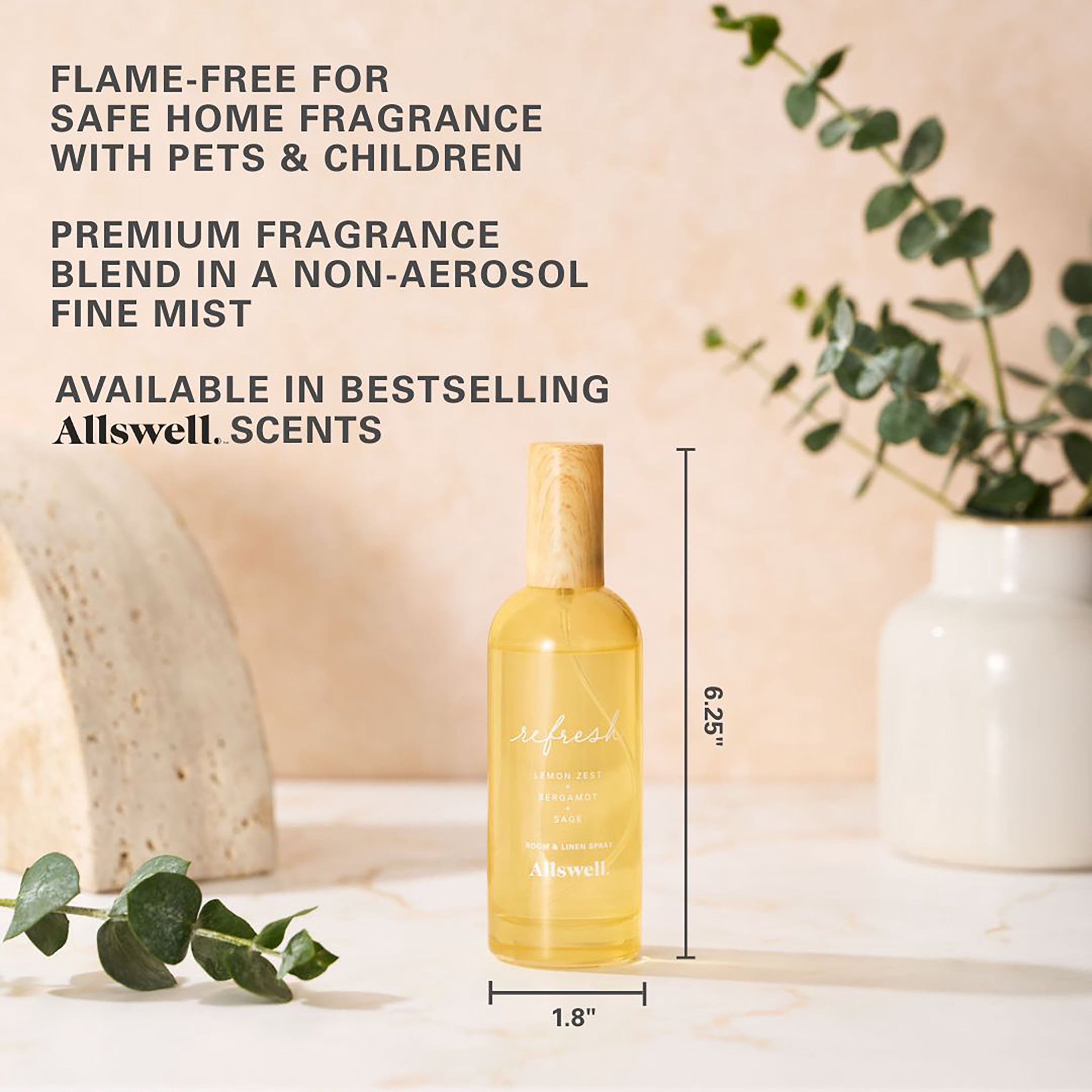 Allswell Refresh (Lemon Zest + Bergamot + Sage) Scented Room & Linen Spray 3.4 Fl oz (100mL).