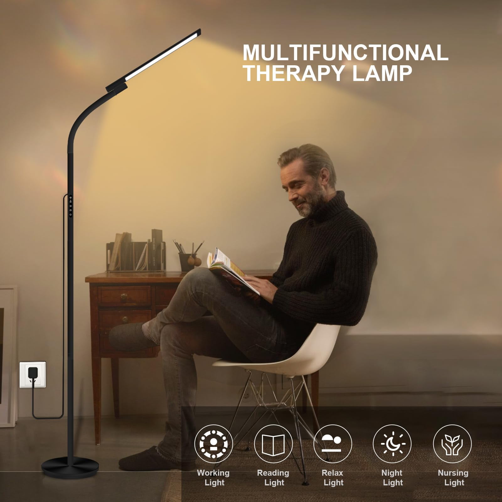 Sthmolepy Light Therapy Lamp,10000 Lux Happy Therapy Light, Floor Sun Therapy Lamp with Remote & Touch Control & Adjustable Gooseneck for Reading/Office/Home (Black)