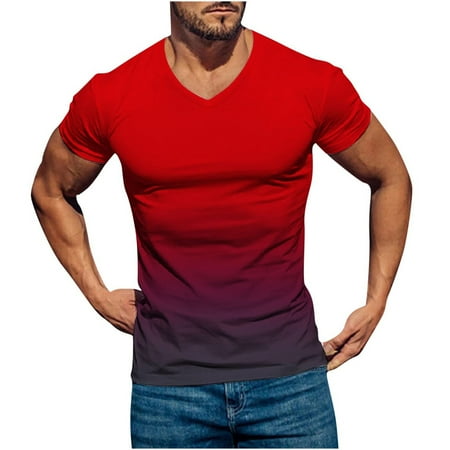 Men Casual V-neck Gradient Printing Pullover Fitness Sports Shorts Sleeves T Shirt Blouse 1/4 Zip Pullover Mens 3xl Men Camisole Tanks With Built In Bra Cancer Shirts For Men