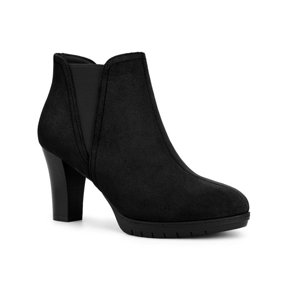 BLISSFUL STEP Women's Ankle Boots Chelsea Platform Chunky Heel Round Toe Faux Suede Boots Black 6.5