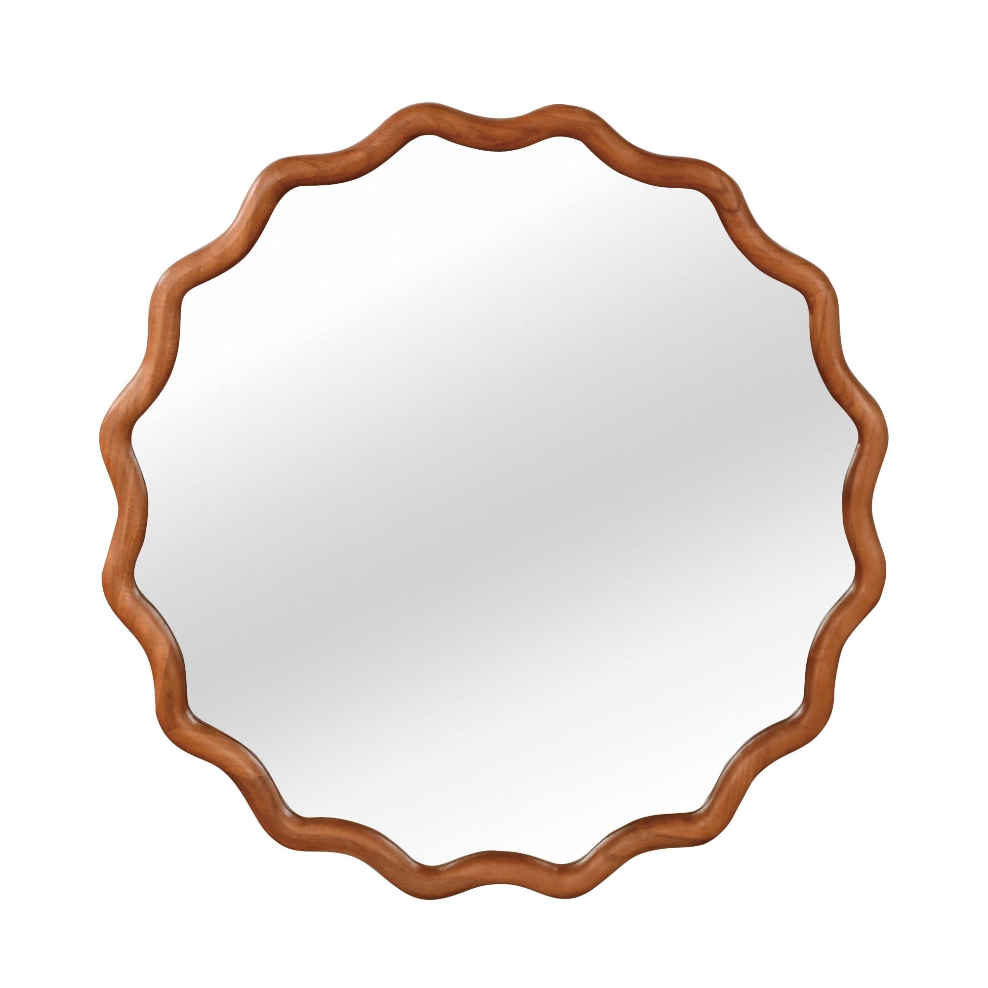 Leumius 30" Wavy Round Mirror, Solid Wood Frame Decorative Mirror for Bedroom Bathroom Living Room Entryway Brown