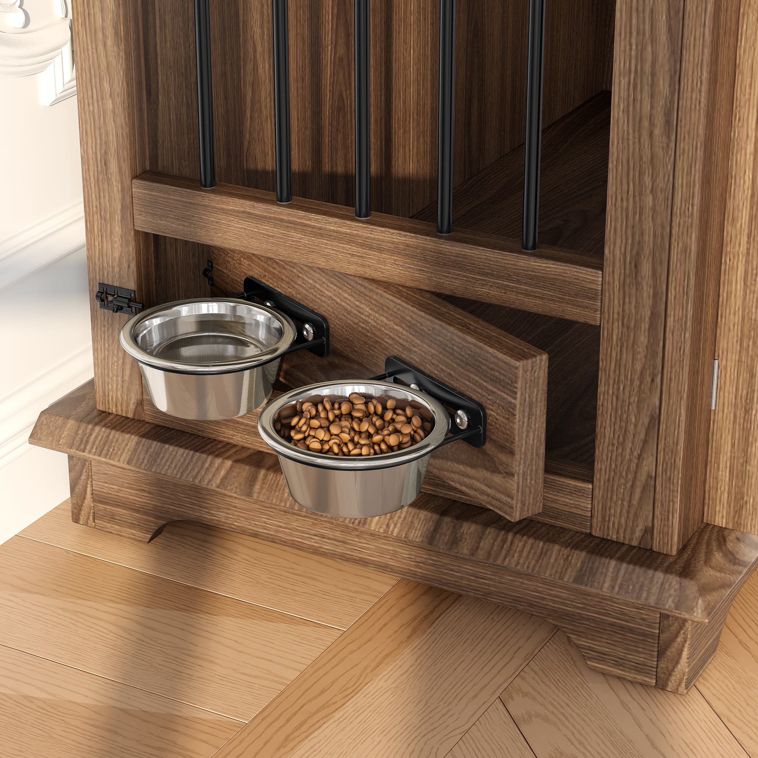 44.48" Large Dog Crate Furniture, Indoor Wooden Dog Kennel End Table with 2 Storage Drawers and Rotating Bowls, Decorative Pet Cage Dog House for Medium Dogs